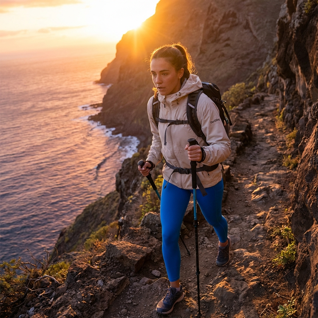 Hiking on cliff at sunset